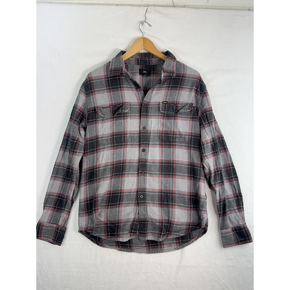 Obey Flannel Shirt Mens Medium Gray Black Red Plaid Button Up Casual Skate Style